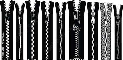 Black zipper variations set, realistic metal teeth clothing fasteners isolated on white background, apparel sewing accessory vector illustration collection