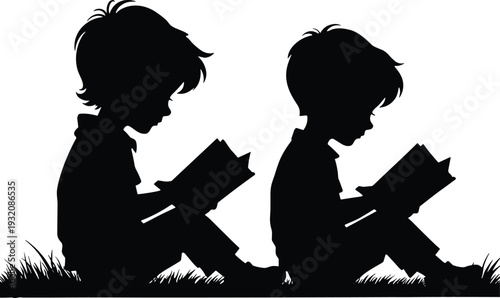 Children reading book silhouette vector illustration, kids sitting on grass studying together, education learning concept isolated on white background