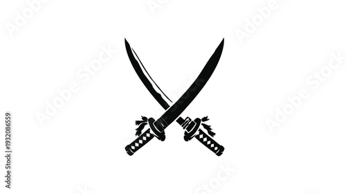 A crossed pair of swords in a black silhouette, against a plain white background