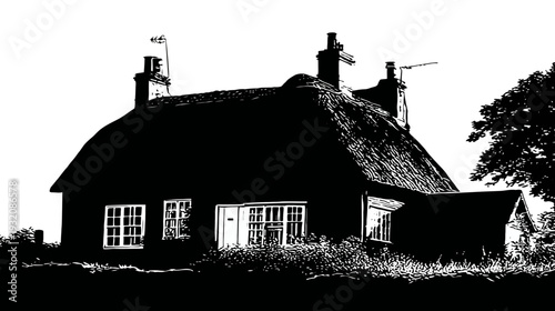 Black and white illustration of a cottage with a thatched roof, chimneys, windows and greenery