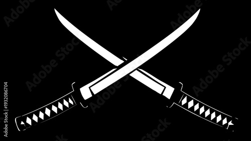 Two crossed bladed weapons with distinctive hilts and a diamond pattern in white on a black background