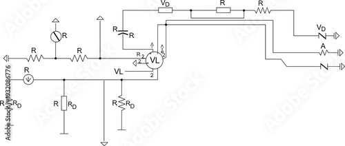 Electronic circuit schematic diagram with resistors, diodes, voltage sources and measurement nodes, technical engineering drawing vector illustration isolated on white