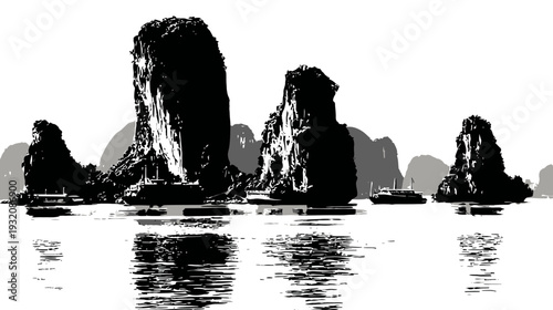 A grayscale depiction of limestone karsts rising from the water, with boats and their reflections