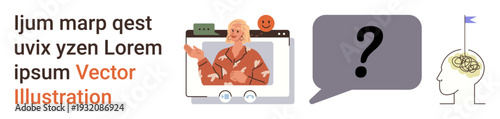 Mental health, online therapy, communication, human cognition, digital learning, knowledge sharing. Cartoon person in video call, chat bubble with question mark brain with flag. Mental health
