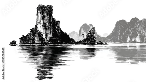 A grayscale illustration depicts tall, rocky islands on a reflective lake, under a muted sky