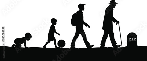 Human life cycle evolution silhouette vector illustration, stages from baby to old man walking with cane toward grave, mortality concept design