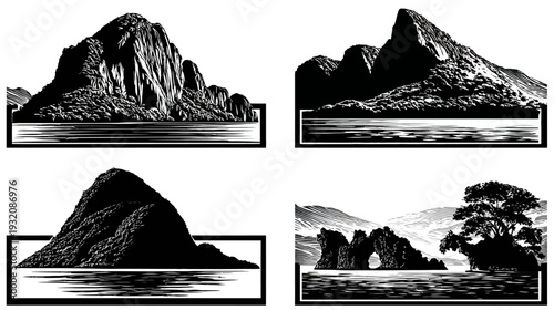 Four black and white illustrations depict mountainous landscapes, shorelines, and bodies of water