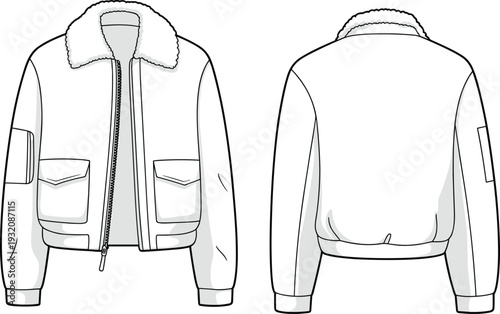 Fur collar jacket CAD drawing, flat vector fashion illustration with sleeve pocket, flap pockets, zipper front, front and back views