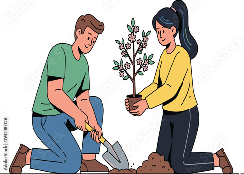 Gardening, planting flowers, teamwork, environmental care, couple gardening, spring 
