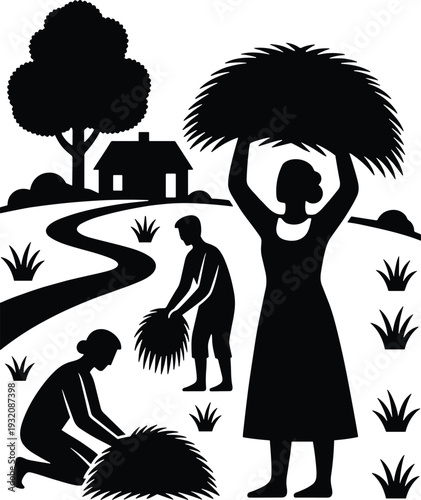 Rural farming family harvesting hay silhouette vector illustration, countryside village landscape with man woman working in field, traditional agriculture concept
