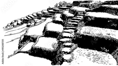 A black and white illustration of stepped terraced fields, reminiscent of rice paddies