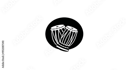 A stark, minimalist illustration of two drums, positioned in a black circular shape