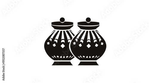 A symmetrical black and white illustration of two stylized jars with lids, set against a blank backdrop