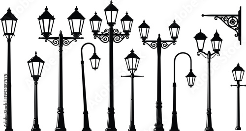 Vintage street lamp silhouette collection, classic lantern posts and decorative iron lamppost set, urban lighting vector illustration isolated on white background