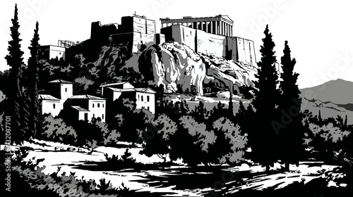 A black and white illustration of ancient architecture atop a hill, with trees and a mountain