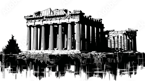 A black and white depiction of an ancient structure with columns, partially mirrored below