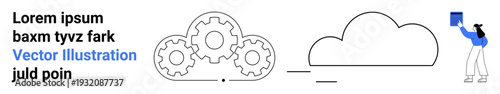 Cloud storage, technology, data transfer, innovation, teamwork, cooperation. Outline gears, a cloud icon and a person uploading data. Cloud storage and technology illustrated with visual simplicity