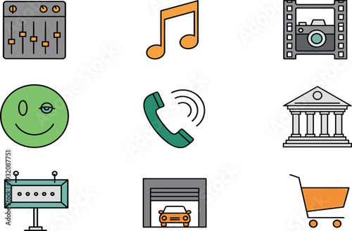 Multimedia Communication and Public Service Icon Set with Music Mixer Phone Call Billboard Garage Bank and Shopping Cart Symbols.