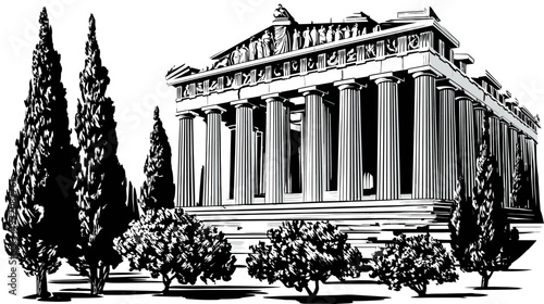 A grayscale illustration of a classical temple with columns, a triangular roof, and trees