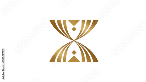 A gold hourglass design with geometric shapes, set against a pristine white background