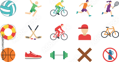 Sports Activity Icon Set with Cycling Running Tennis Volleyball Basketball Dumbbell Sneakers and Athlete Equipment for Fitness Training Design.
