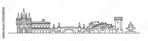 Town skyline with bridge and church along waterfront promenade