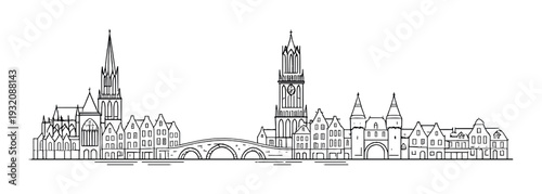 Historic city skyline with central cathedral and arched bridge