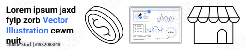 Business growth, e-commerce, currency, financial insights, market trends, data visualization. Black and white icons of a coin, analytics dashboard and storefront. Business growth and e-commerce ion