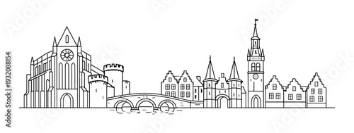 Riverside town skyline with cathedral, gate and arched bridge
