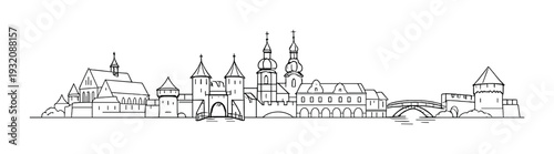 Fortified town with towers and river bridge skyline