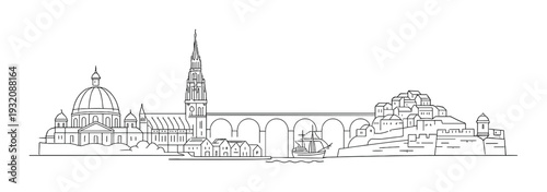 Cathedral and arched bridge along harbor seaside skyline