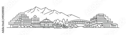 Riverside town panorama with domed pavilion and arched bridge