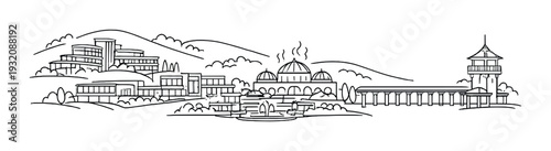 Hillside resort and spa complex with pier and lookout tower