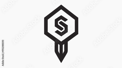 A geometric black and white illustration of an emblem with a letter "S" inside a hexagon