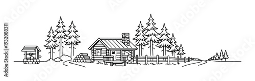 Log cabin with well and fence surrounded by pine trees