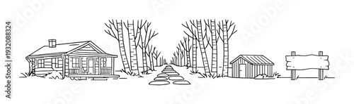 Cabin and walkway lined with birch trees beside woods