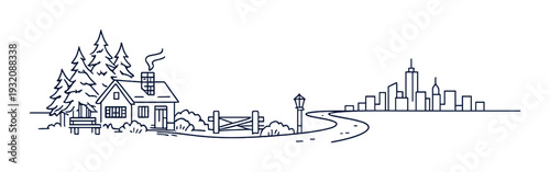 Cottage beside winding road leading to distant city skyline