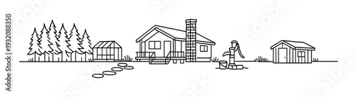 Country house with greenhouse hand pump and shed in yard