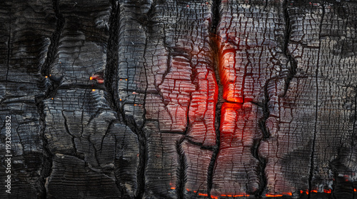  Black charred and scorched wood with glowing embers background

