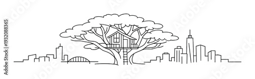 Treehouse nestled in large tree above urban skyline