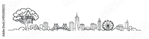 Treehouse overlooking city skyline with bridge and ferris wheel