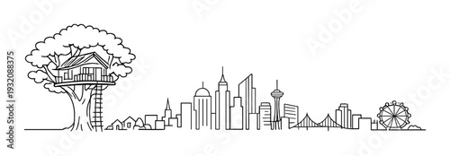 Treehouse beside city skyline with ferris wheel and bridge