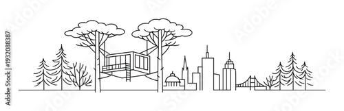 Treehouse nestled between trees with city skyline on horizon