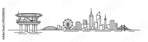 Offshore helipad platform beside city skyline over water