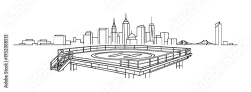 Helipad platform over water with city skyline in distant background