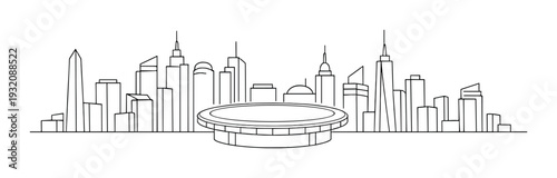 City skyline with empty circular platform in foreground