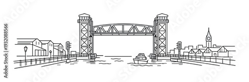 Lift bridge spanning river with boat at urban waterfront