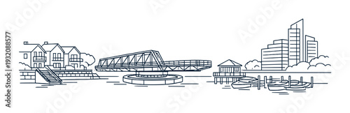 Swing bridge rotating over water with houses and marina