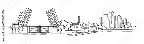 Raised drawbridge with adjacent factory and distant city skyline