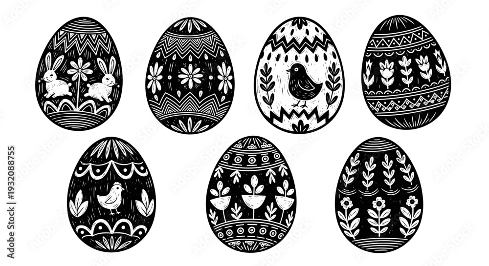 Fototapeta premium Set of eight decorative easter eggs with floral and bird patterns